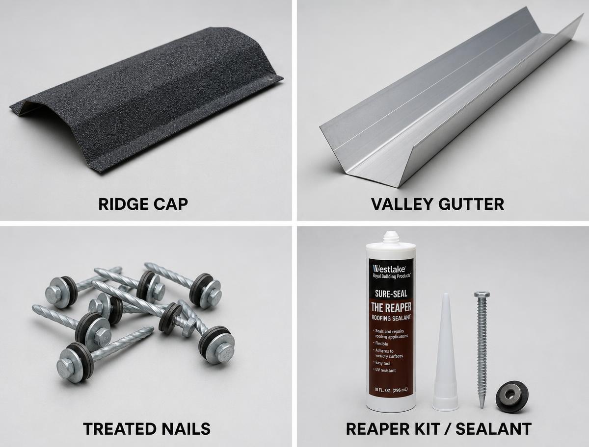 Roofing accessories: ridge cap, valley gutter, treated nails and reaper kit / sealant