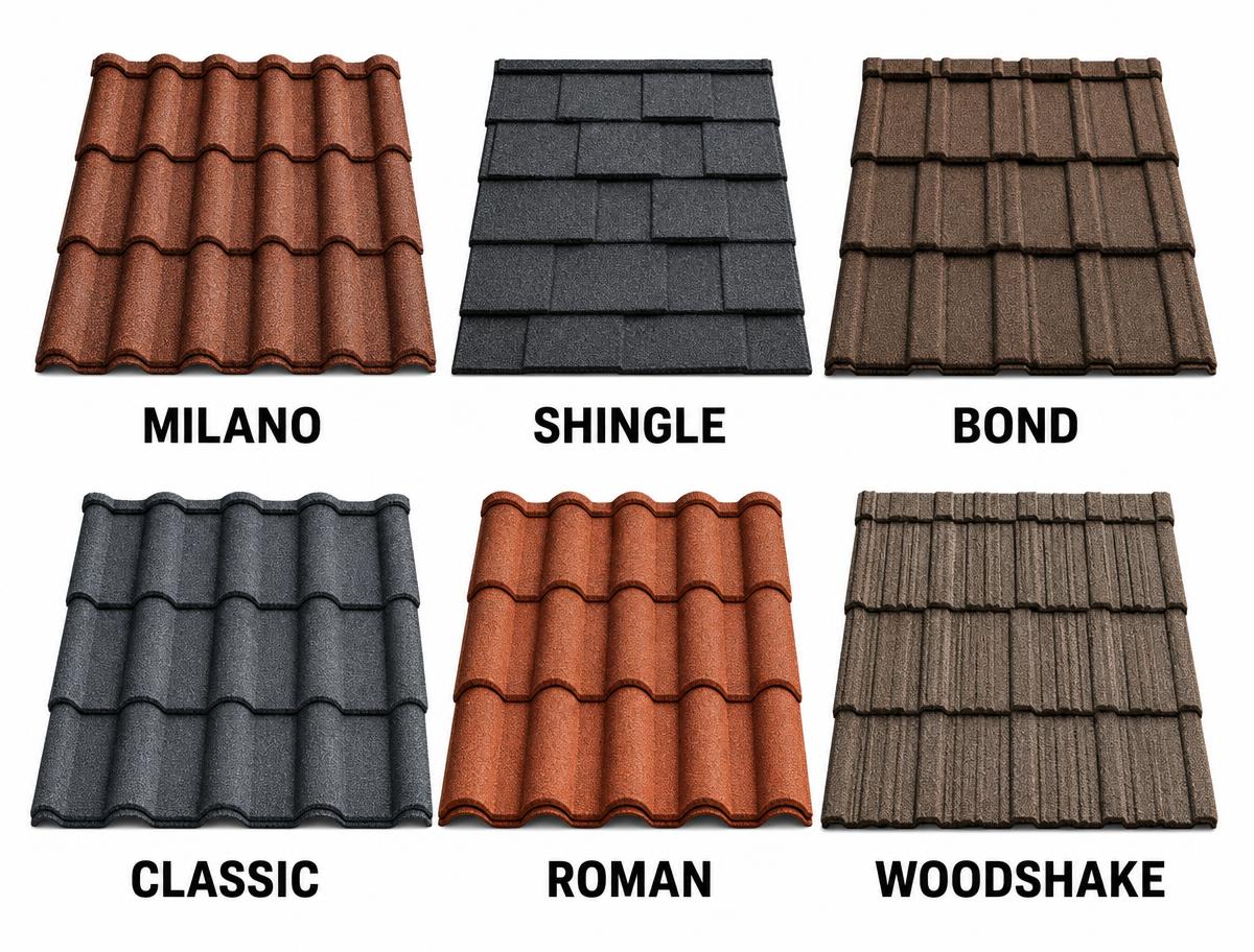 Stone coated roofing sheet profiles: Milano, Shingle, Bond, Classic, Roman and Woodshake